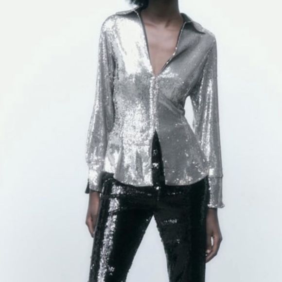 ZARA SEQUIN SHIRT TOP - Picture 7 of 15